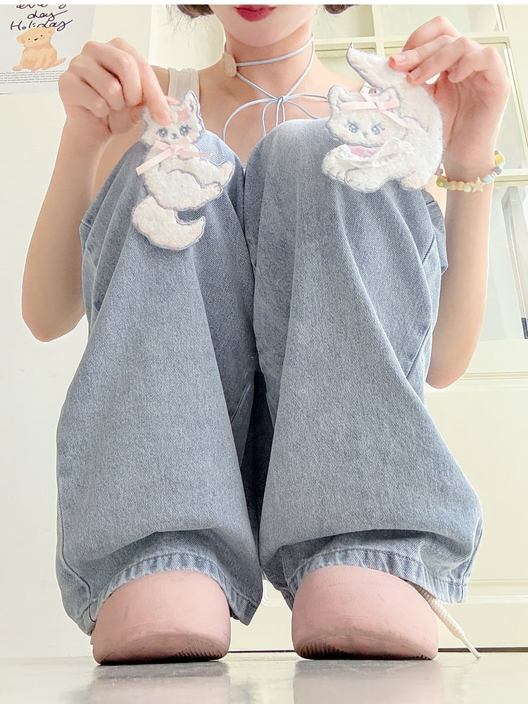 with Detachable Kitty Appliques Blue Wide-Leg Jeans Short/Long Version