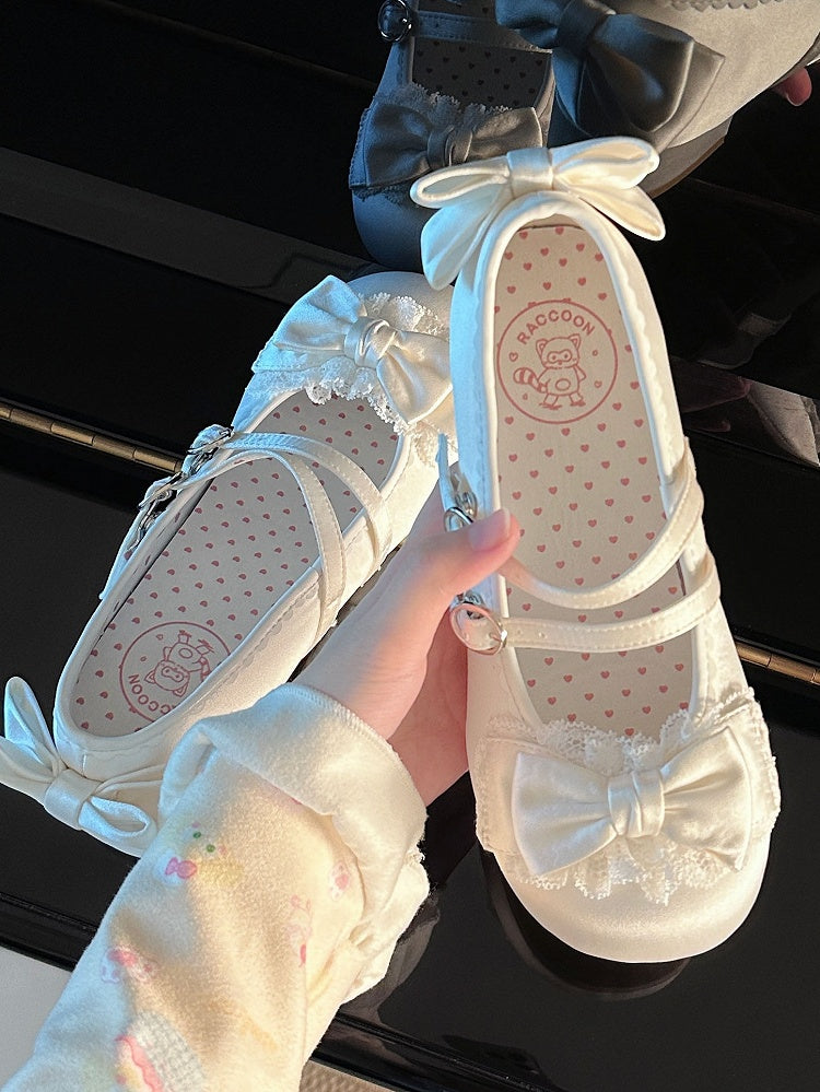 Sweet Janes Double with Mary Satin-Finish Lace Ruffled White Bow PU Lolita Buckles -