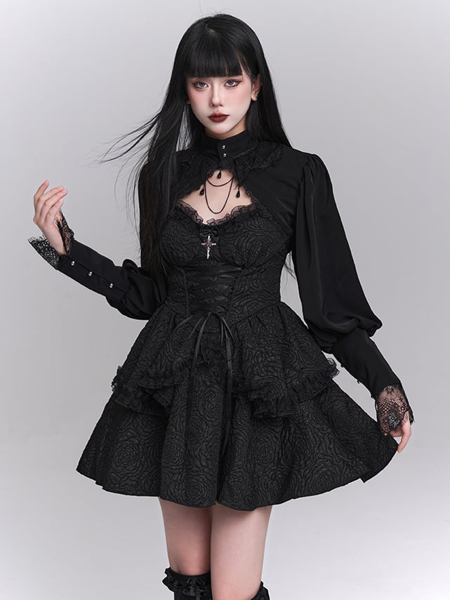 Skirt Gothic Black Sweetheart Neckline Lace-up Front Tiered