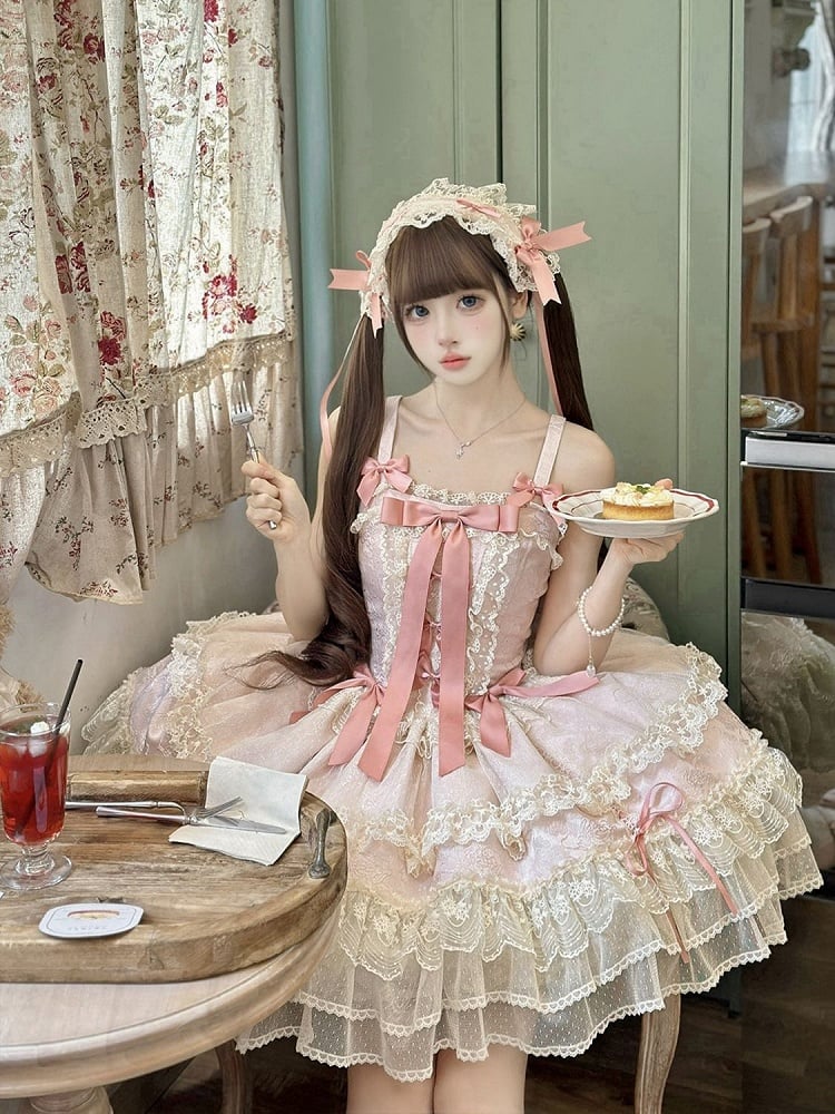 Dress Skirt Decorated Sweet Jumper Lolita Balletcore Pink Bowknots