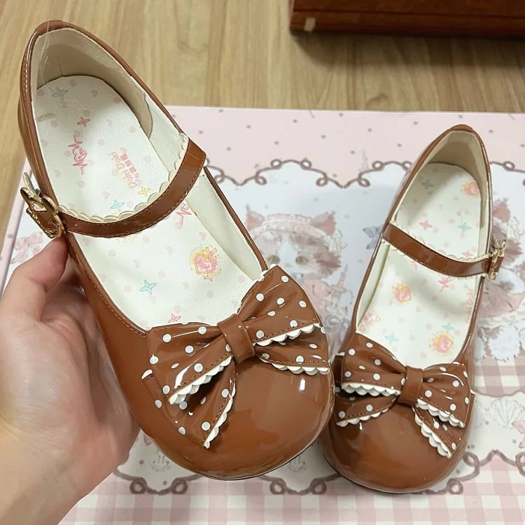 Low Sweet Bow Lolita Polka - Accent Round Heels Dot PU Buckle Bear Toe Brown