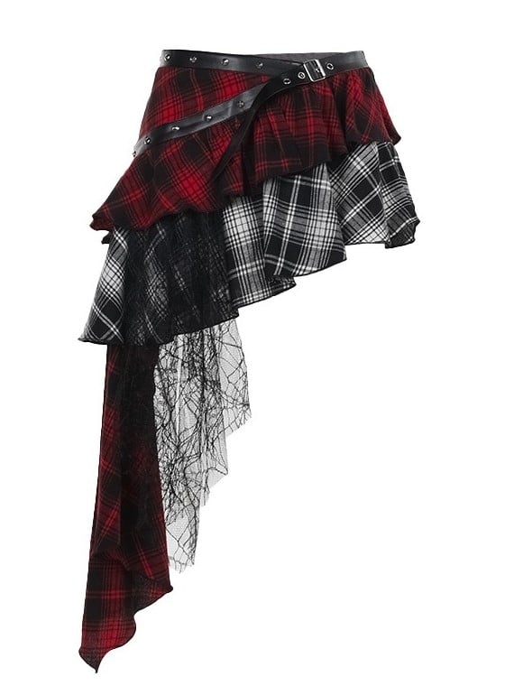Asymmetrical Red White Plaid Tiered Skirt with Cascading Lace Ruffle Trim