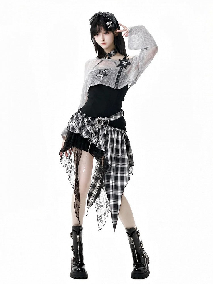Coverup Black/Gray Star Distressed Holes Punk Rock Strap Hollow-Out Cropped