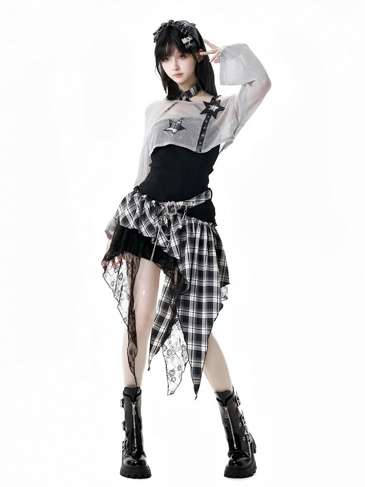 Rock Red/Black White Plaid Mesh Strapless Dress Patches Handkerchief Hem Punk