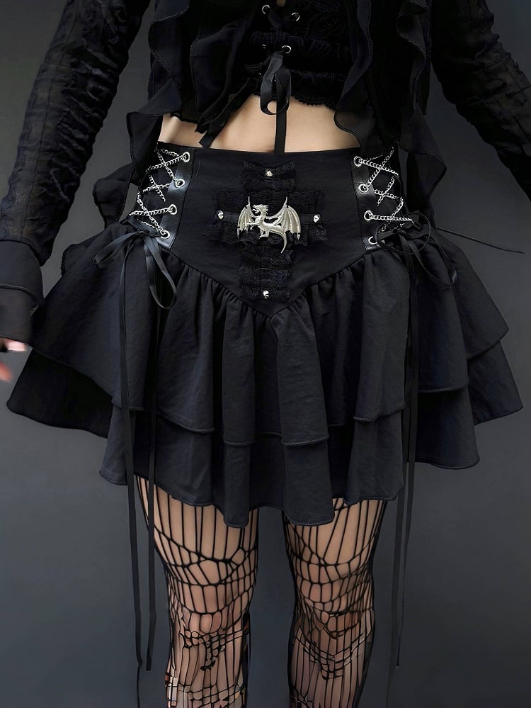 Punk Dragon verziert schwarzen Stufenrock Criss-Cross-Kette
