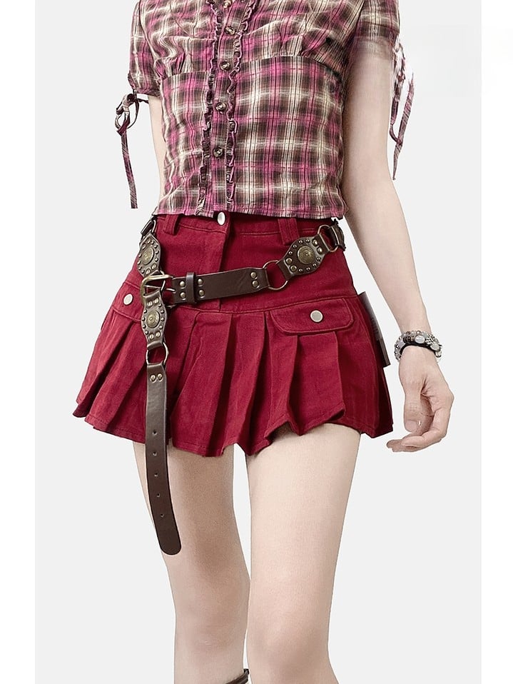 Pleated Denim Skirt Red Christmas