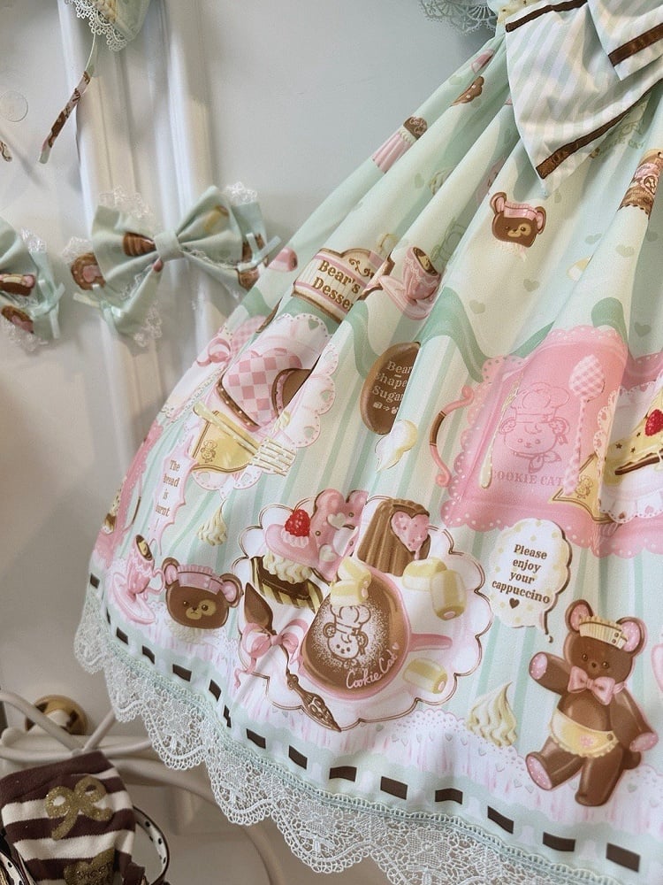 Green Sweet Mint Lolita Theme Desserts Two-pieces Print Dress Fake Design Bear