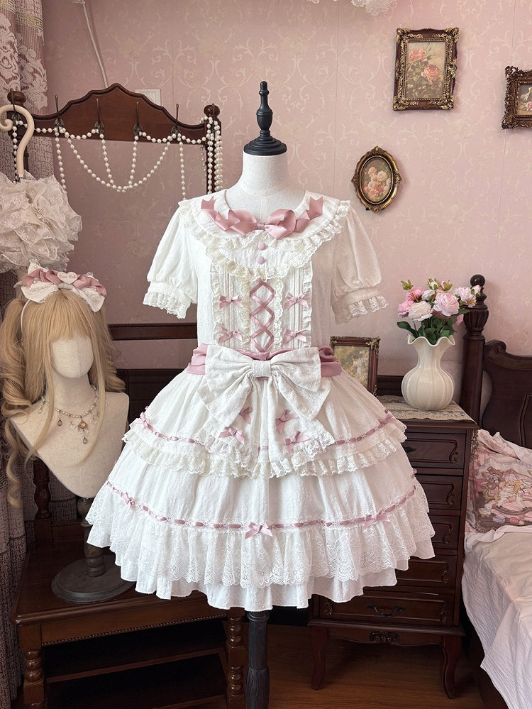 Hime Pink and Peter Pan Collar Tiered Skirt Balletcore Lolita Dress White OP