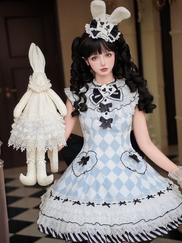 Wunderland Alice Blau Diamant Muster Hasenohren Hut Vibes in