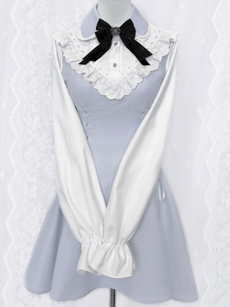 Robe Jirai Kei bleue à volants et bordure en dentelle, avec lacets à la taille, Tenshi Kaiwai