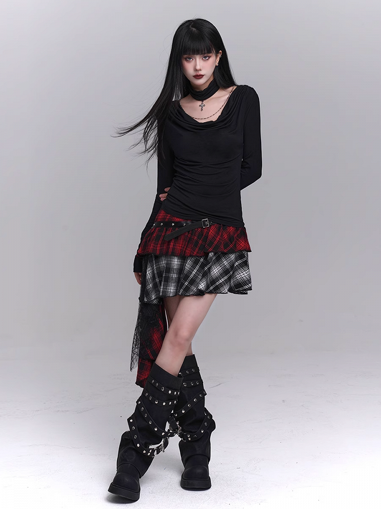 Red Black Mesh Asymmetrical Plaid Skirt with PU Patchwork