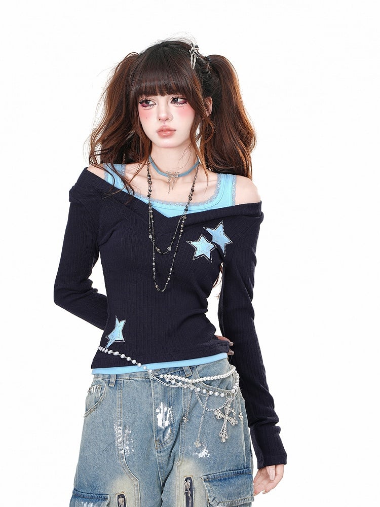 Schwarz Blau/Schwarz Rot Strass Stern Glamouröse Top