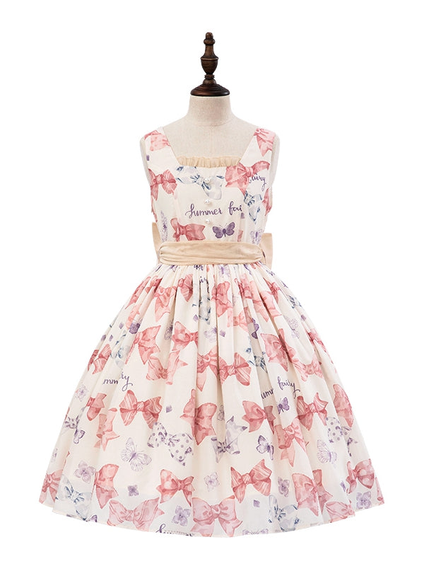 Süßes rosa Lolita-Kleid mit Schleifenmuster und hoher Taille