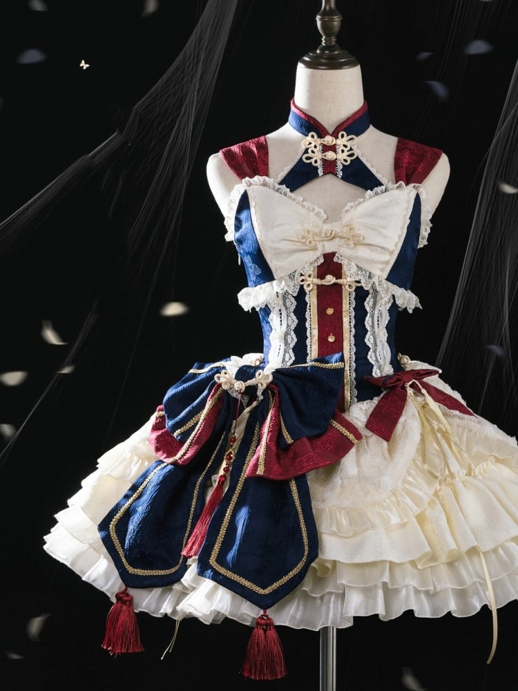 Dark Blue and Red Detachable Collar Qi Tiered Ruffles Jumper Skirt
