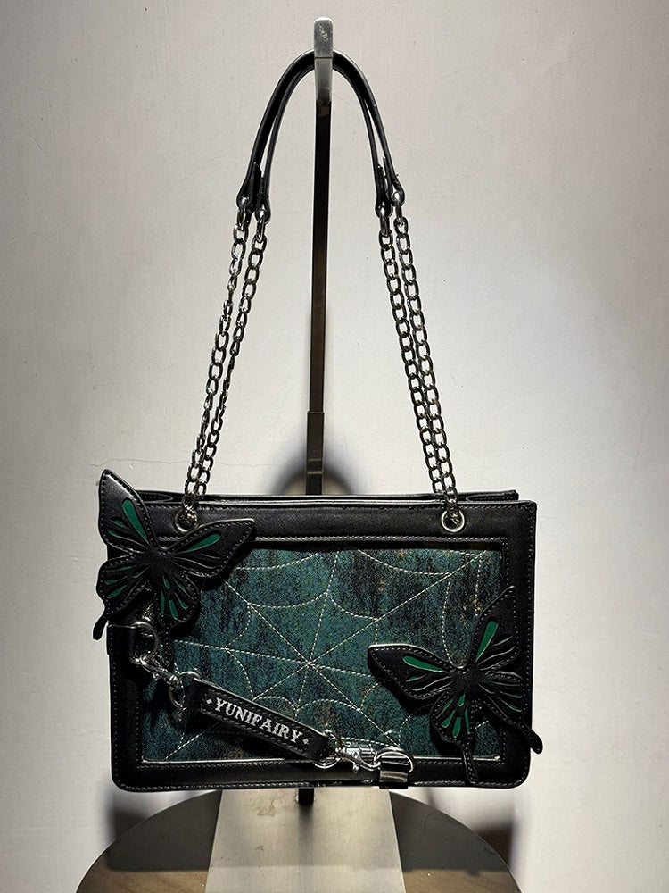 Green Butterfly Spiderweb Detail Small Version Black Ita Shoulder Bag