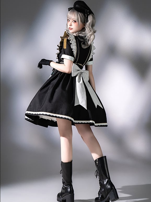 Dress Short Military Full Lolita Flutter Sleeves and Maid Apron Set Black