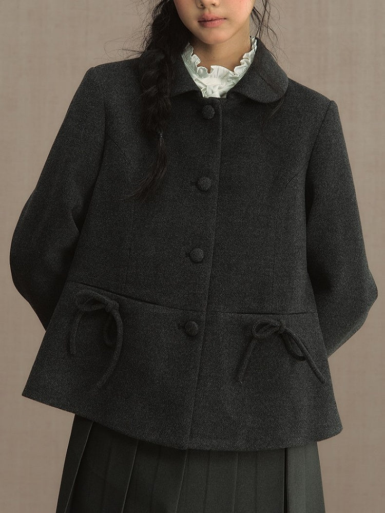 Dark Gray Peter Pan Collar Blazer with Bow Accent