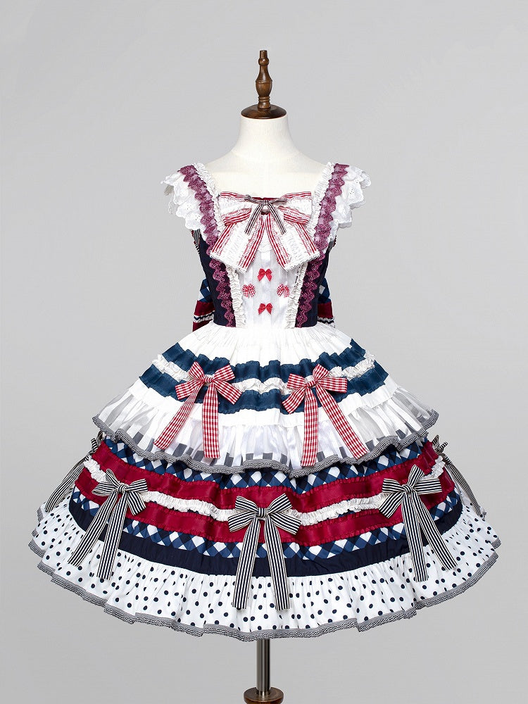 Lolita Red Bow Cake Accents Tiered and Blue Dress Dark Skirt Blueberry Sweet