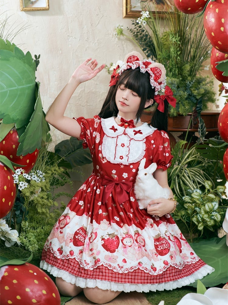 Wine Red Strawberry Bear Sweet Lolita Dress Cottagecore Country OP