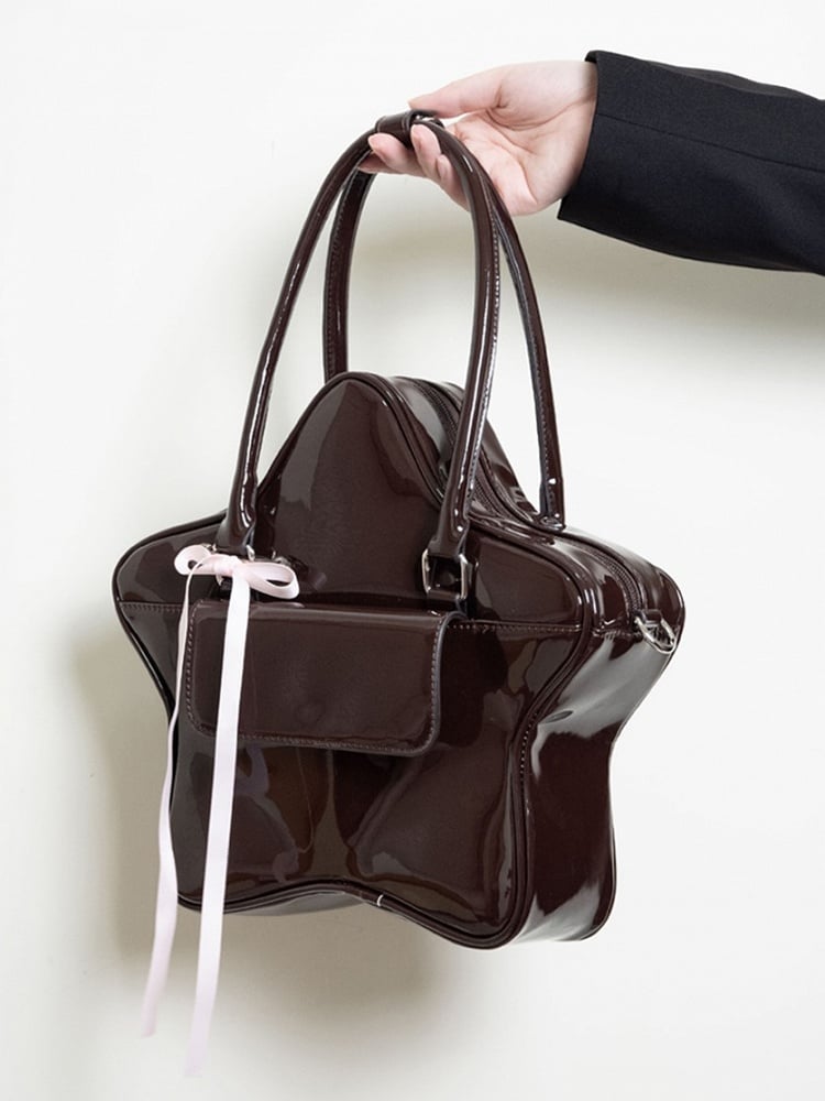 3-Way With Ribbon Bow Kawaii Glossy Black Star-Shaped Handbag