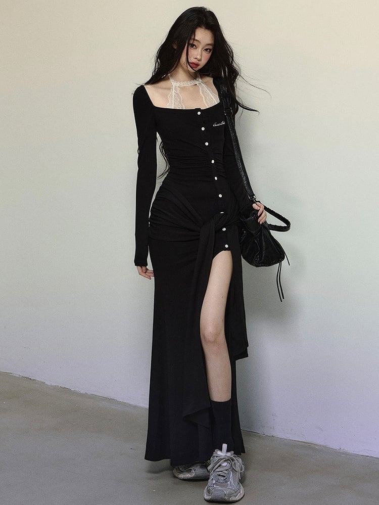 Schwarzes Strickkleid aus Spitze mit Neckholder und selbstbindenden Trägern bis zum Oberschenkel
