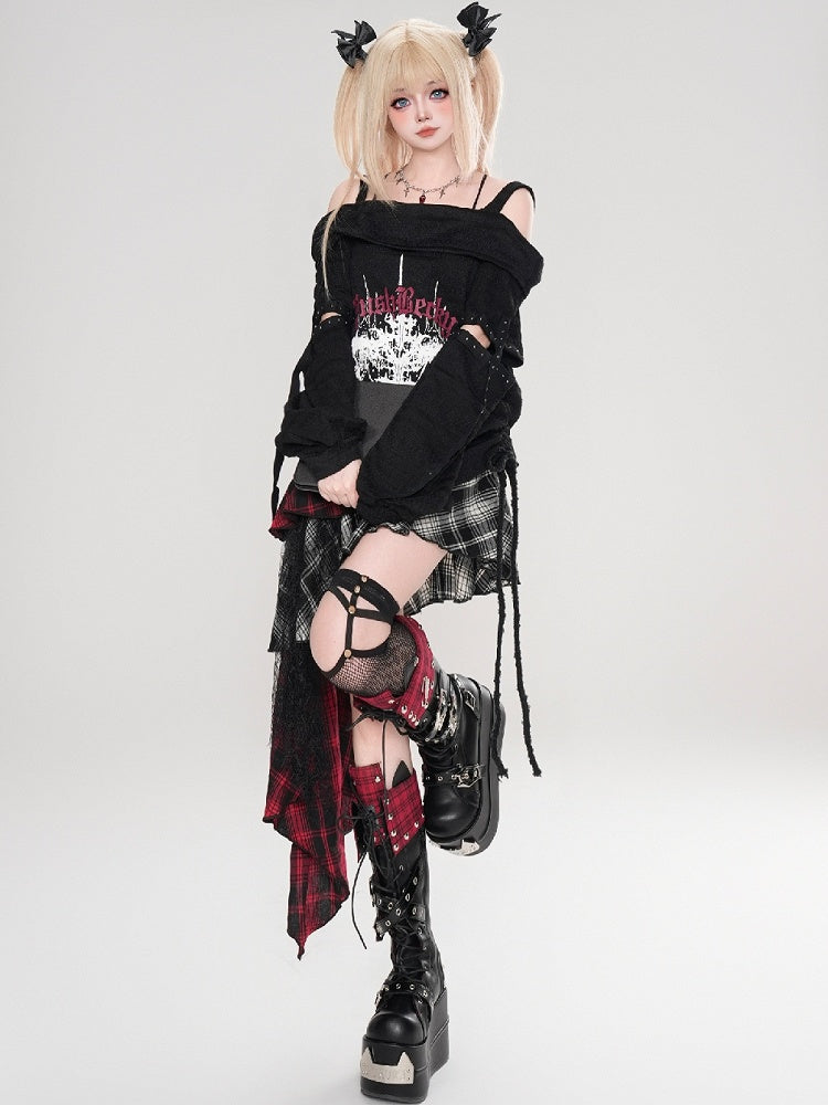 Y2K Black/White Cross Print Cutout Detail Off-the-shoulder Neckline Punk Top