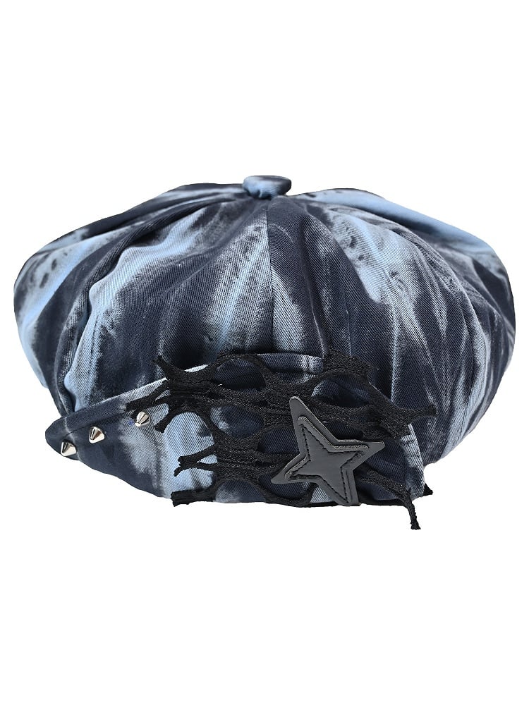 Grunge Punk Rock Star Studs Blue and Black Tie Dye Beret