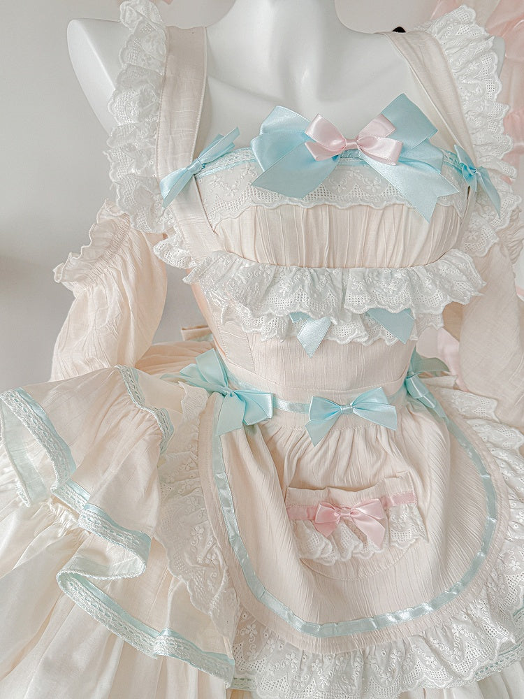 Pink and Mint Green Sweet Maid Apron + Basque Waist Tiered Ruffles Hem Strapless Puffy Dress