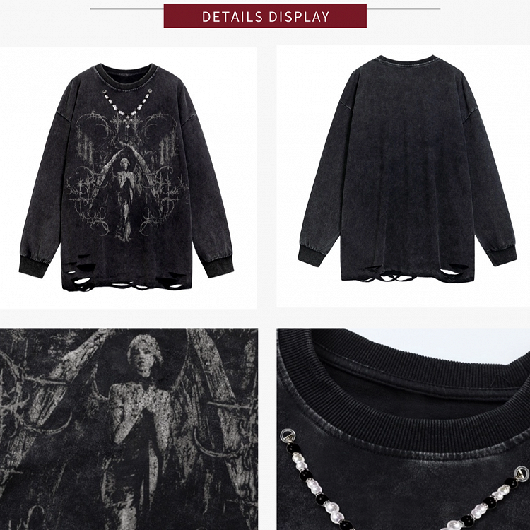 Bead Black/White Distressed Long Sleeve Sweatshirt with Detachable Chain