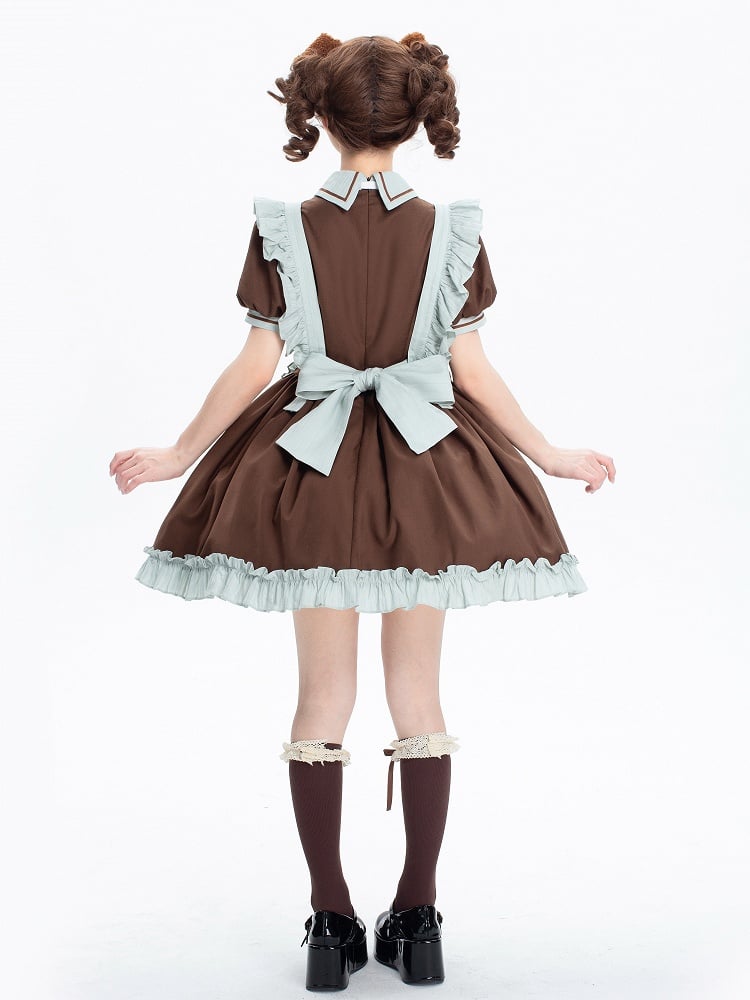 Dress Puff Short Lolita Sleeves Brown Kitty Mint Green + Maid and Apron