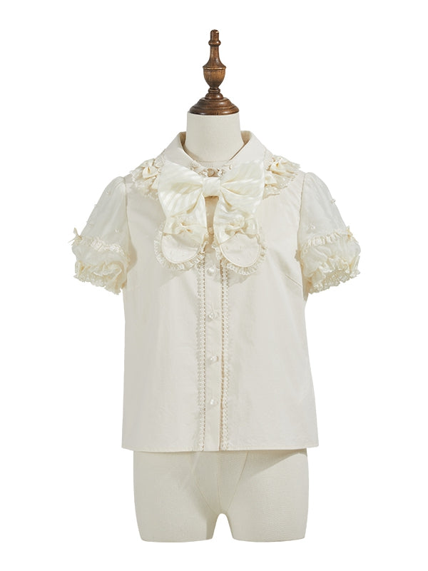 Beige Bluse mit abnehmbarem Schleifenausschnitt, Perlen und kurzen Puffärmeln
