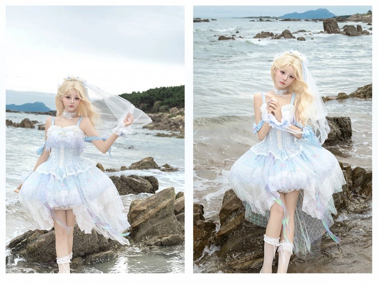 Wrist Head Veil Print Blue Choker + Fairy Dress JSK Ocean-themed Cuffs Lolita Corset