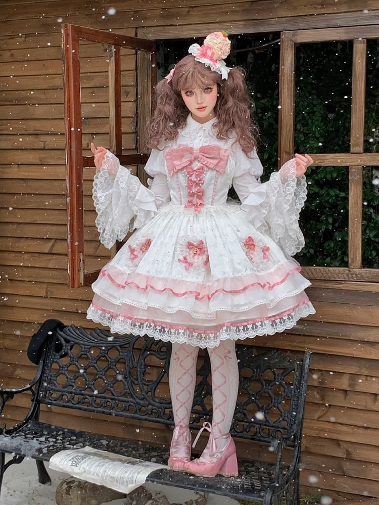 白とピンクの蝶結びディテールのティアードスカート、スイートロリータドレス、ジャンパースカート