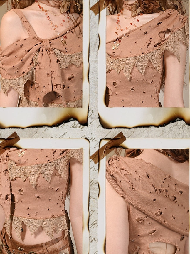 Punk Asymmetrical Brown Light Top Wasteland Holes Neckline Distressed
