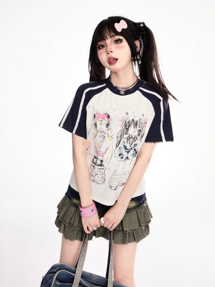 and Black White Design Colorblock Print T-Shirt Anime Graffiti