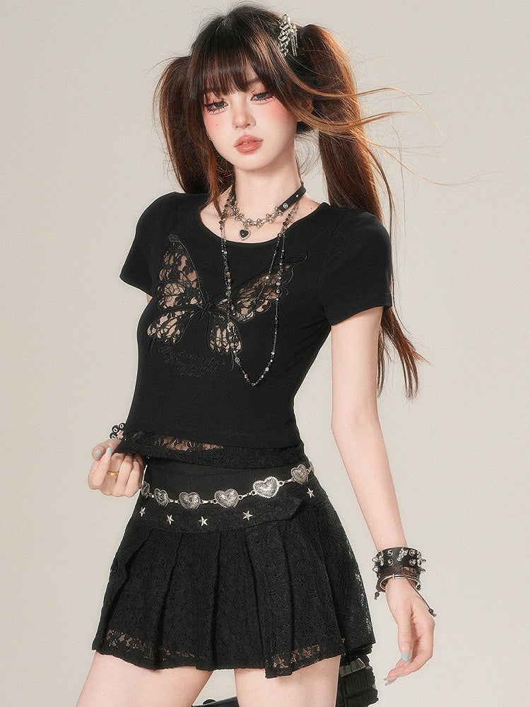 Lace T-shirt Butterfly Beige/Black Glamorous Bittersweet