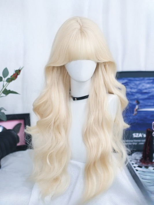 Gewellter Pony, blonde Länge, voll mit 70 cm Perücke