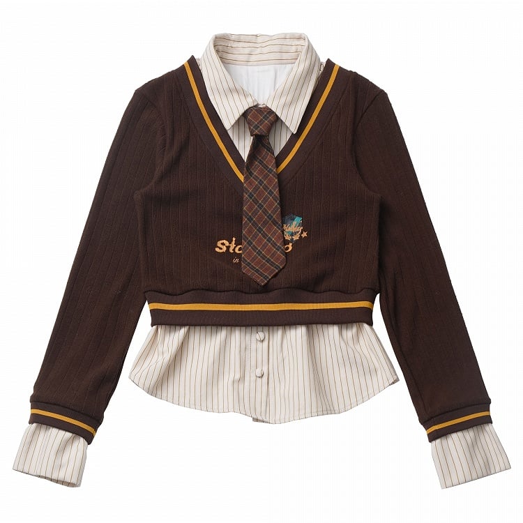 Coffee&White Fake Two-pieces Striped Sweat Shirt with Coffee Plaid Tie