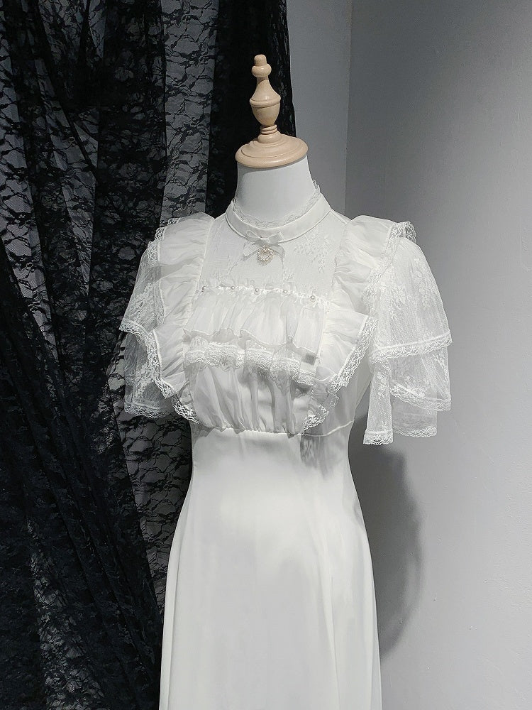 Jirai Kei Black/White Illusion Waist Neckline Ruffled High Lace Dress Trim