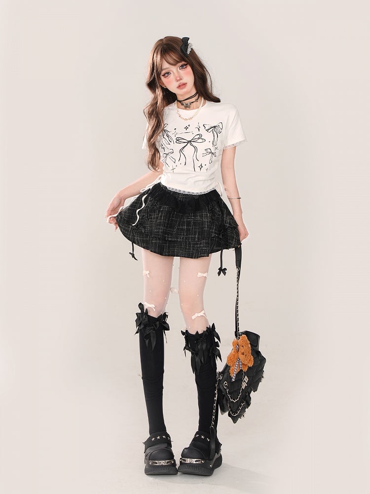 Sweet T-shirt with Bowknot Print Waist Drawstrings White Lace-trimmed