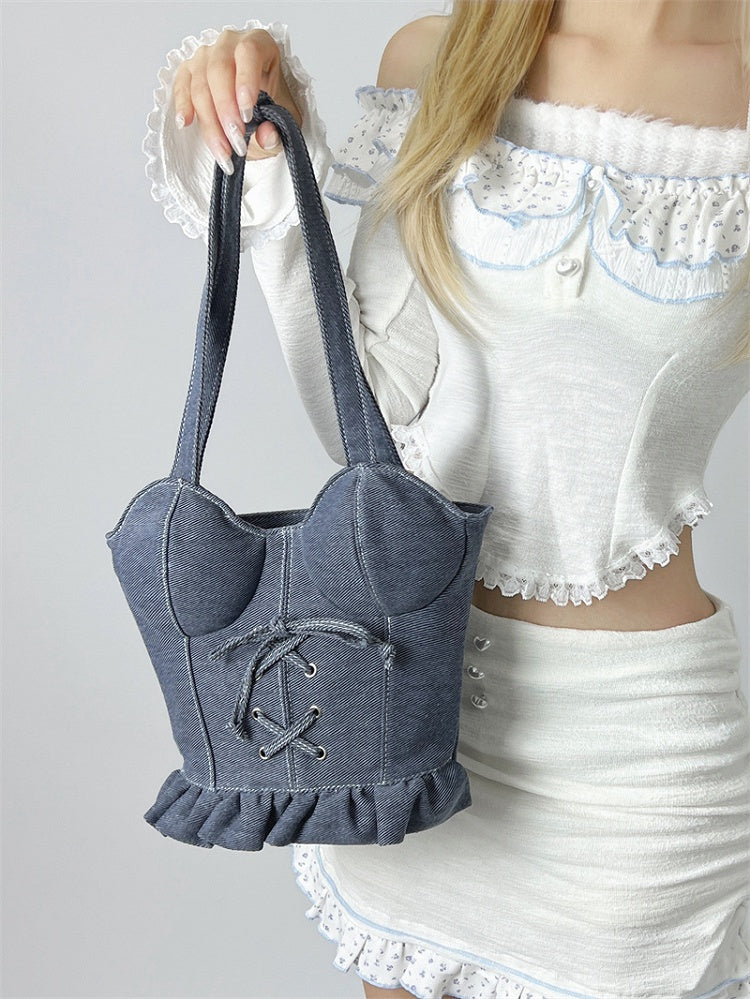 Umhängetasche in Korsettform aus Denim Dunkelblau