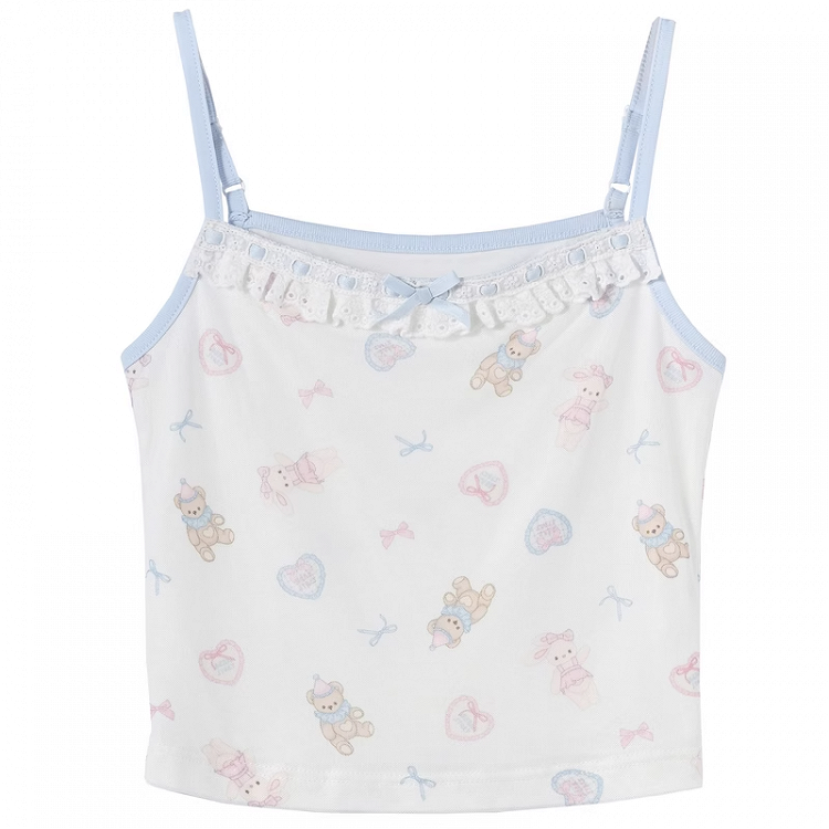 White Lace Trim Neckline Cropped Cute Bear Print Ruffled Cami Top