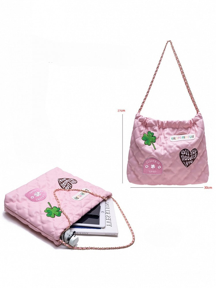 Quilted Drawstring Shoulder Black Diamond Bag With Clover And Letter Embroidery Chic