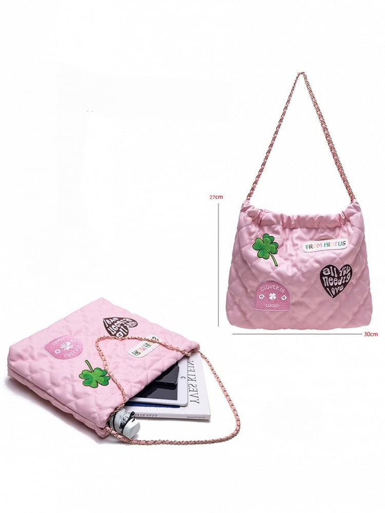 Sweet Pink Diamond Bag With Clover And Letter Embroidery Quilted Drawstring Shoulder