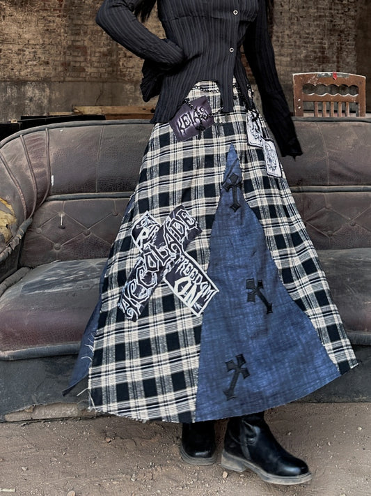Wasteland Cross Appliques Plaid Patchwork Design Skirt Punk