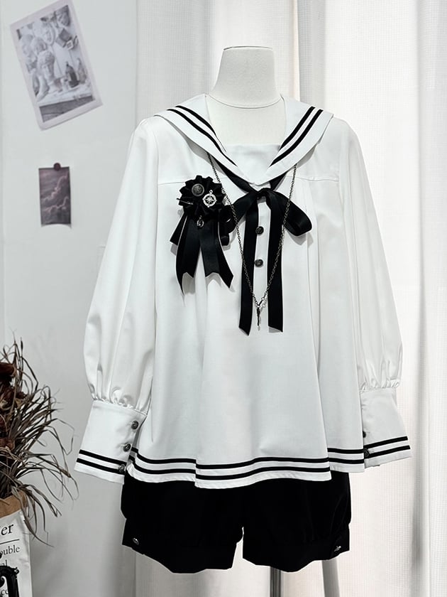 Shirt Sailor White and Collar Long Sleeves Black Shorts