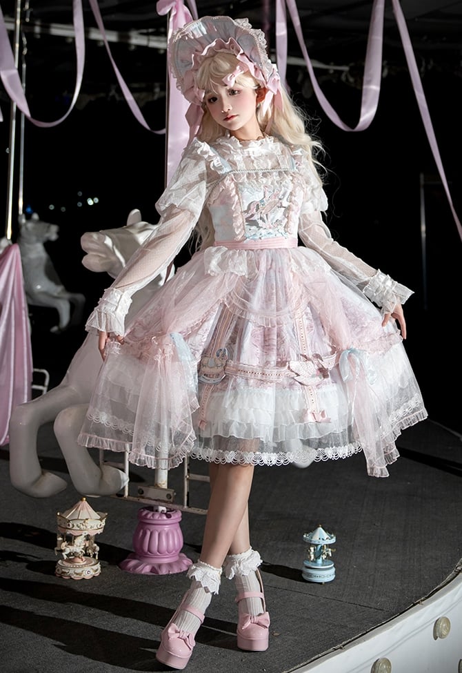 Rosa und blauer Vorhang Tüll Overlay Flying Horse Rock Lolita Jumper Rock