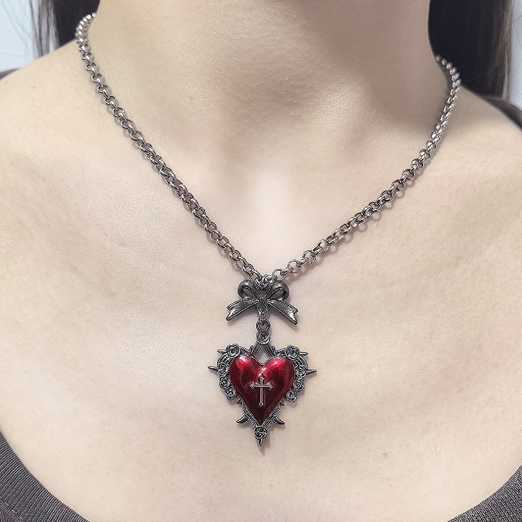 Bow Necklace Y2K Red Cross Burgundy Heart Keychain/Red