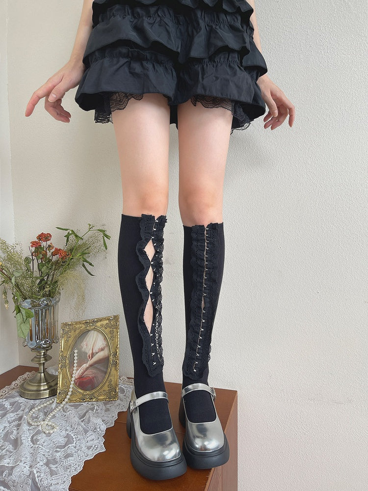 Stockings Ruffle Trim White/Black Underknee