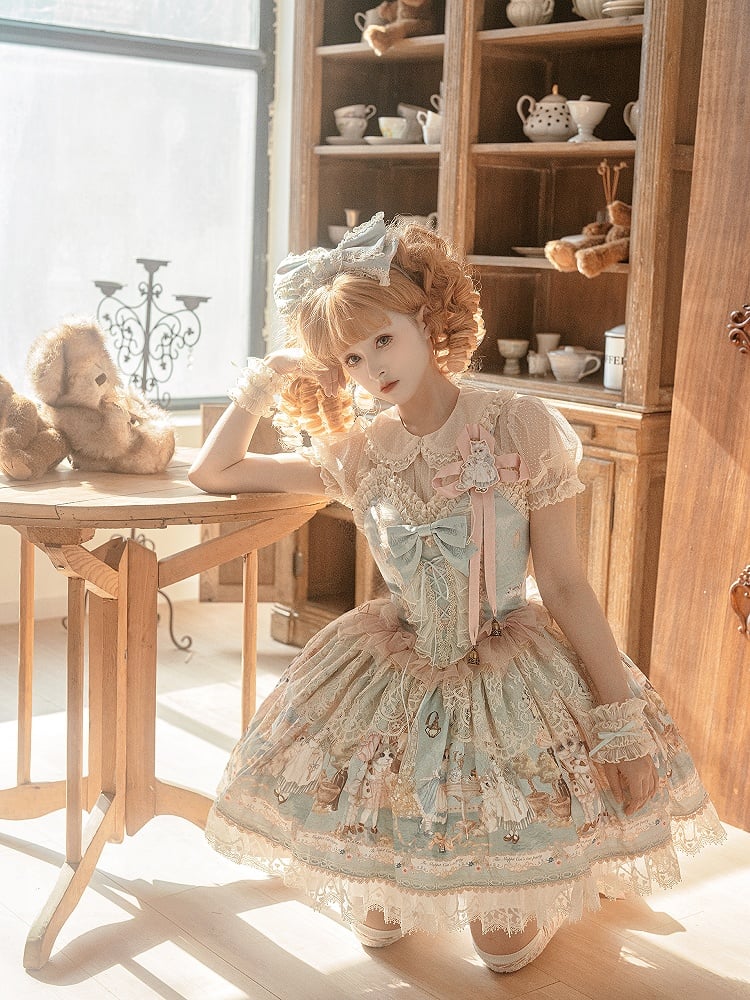 Tea Party Korsett Print Mieder Pullover Kitty Kleid süßer Rock grün Mint Lolita